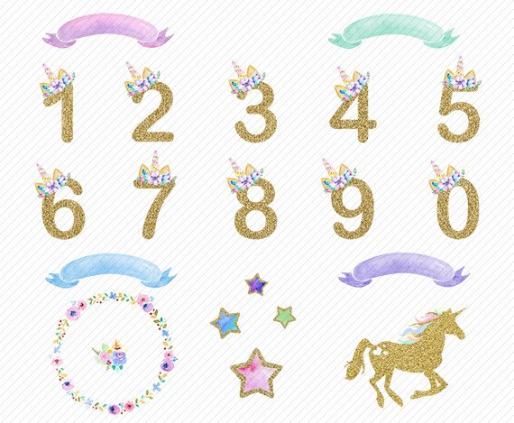 Number 1 clipart birthday number 5. Watercolor unicorn floral numbers