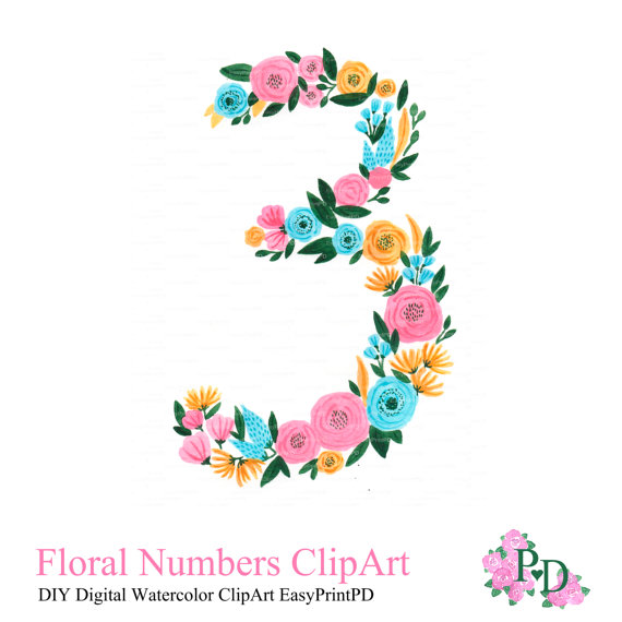 Number 3 clipart 3 year old. Floral numbers print watercolor