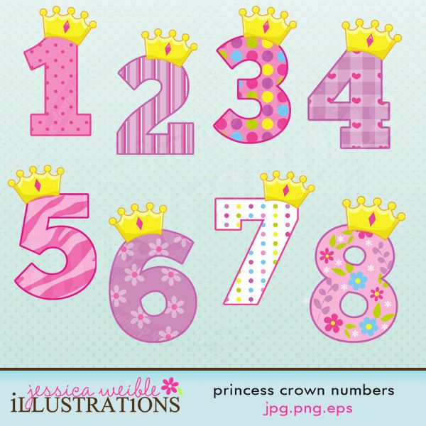 Princess clipart number. Crown numbers cute digital