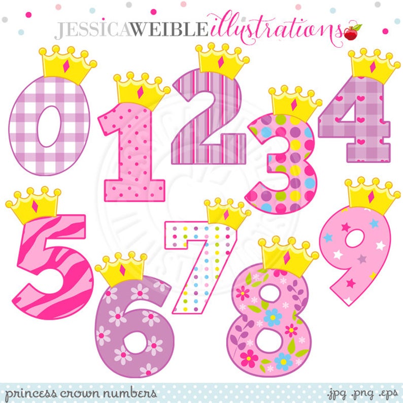 Crown numbers cute digital. Princess clipart number