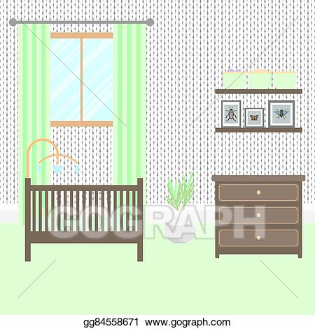 Nursery clipart baby bedroom. Vector room with furniture