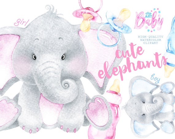 Watercolor baby elephant cute. Nursery clipart nice kid