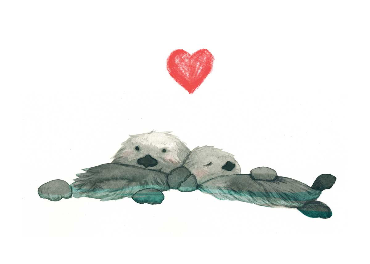 Otters holding hands drawing. Otter clipart couple