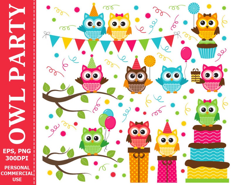 Digital party clip art. Owl clipart happy birthday