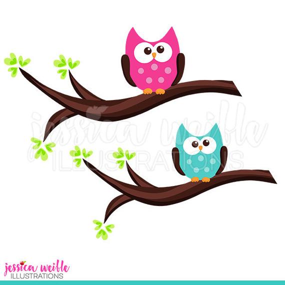 Owls clipart little owl. On branch cute digital