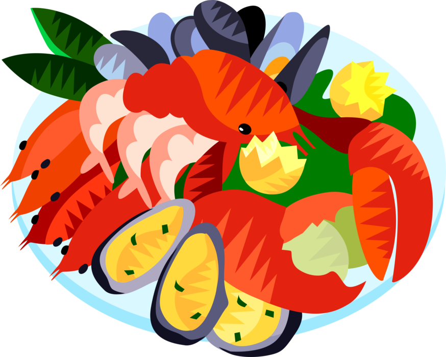 Seafood platter with lobster. Oyster clipart mussel