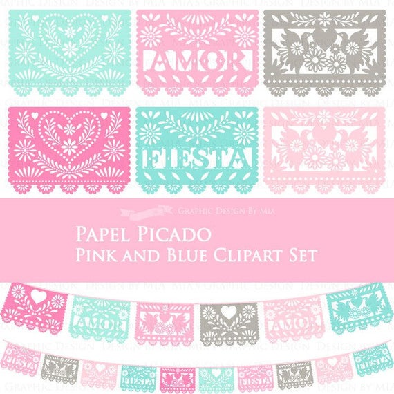 Pink and blue colors. Papel picado clipart picado fiesta
