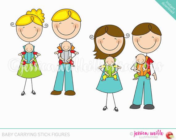 Baby carrying stick figure. Parents clipart cute