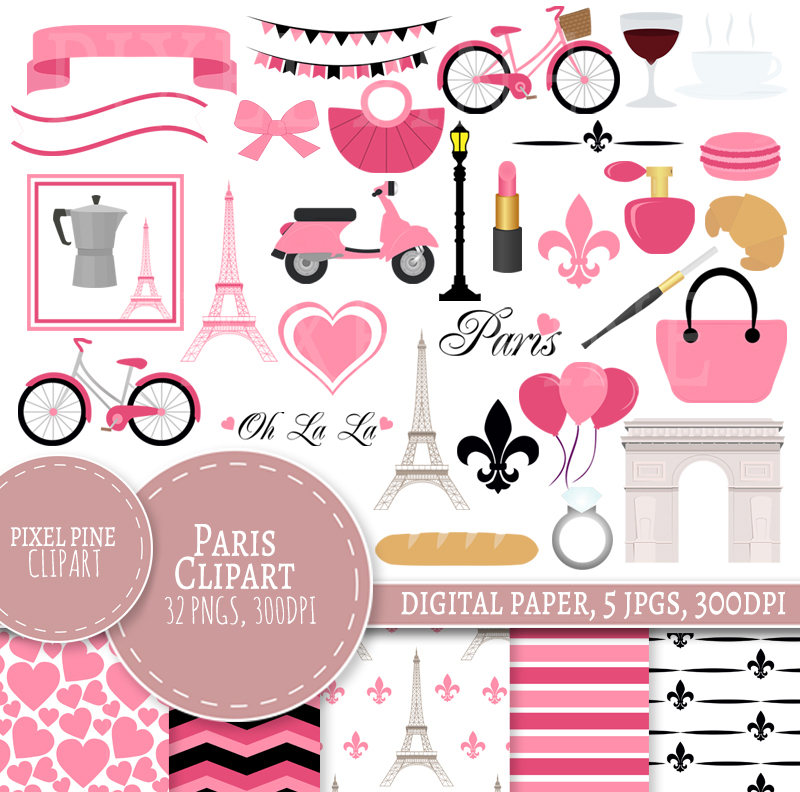 Set pngs digital paper. Paris clipart pink
