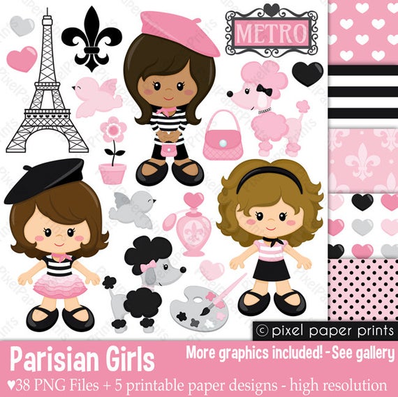 Paris clipart set. Parisian girls clip art