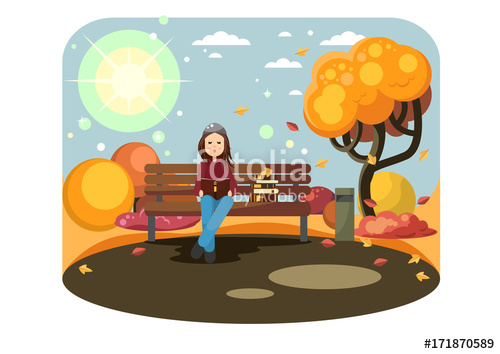 Young girl reading books. Sunny clipart sunny park