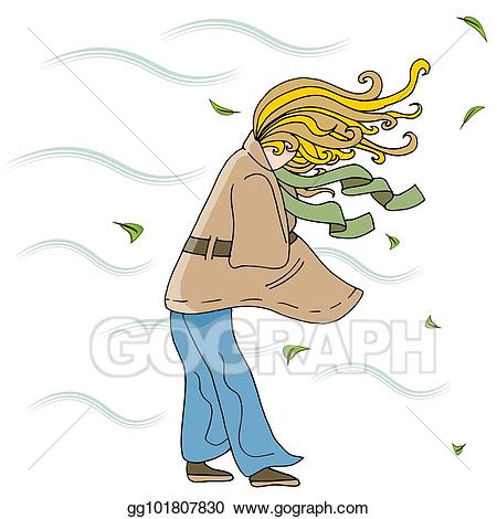 Vector illustration walking outside. Windy clipart woman