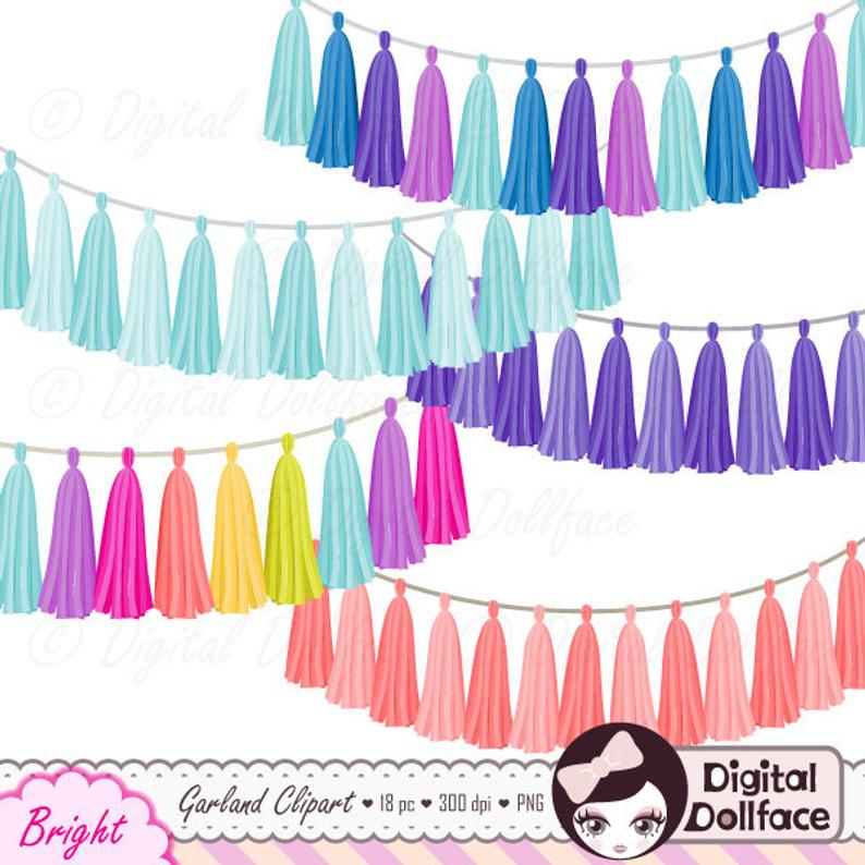 Rainbow garland bundle digital. Party clipart tassel