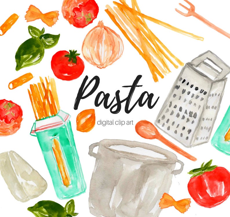 Watercolor spaghetti cooking commercial. Pasta clipart feast food