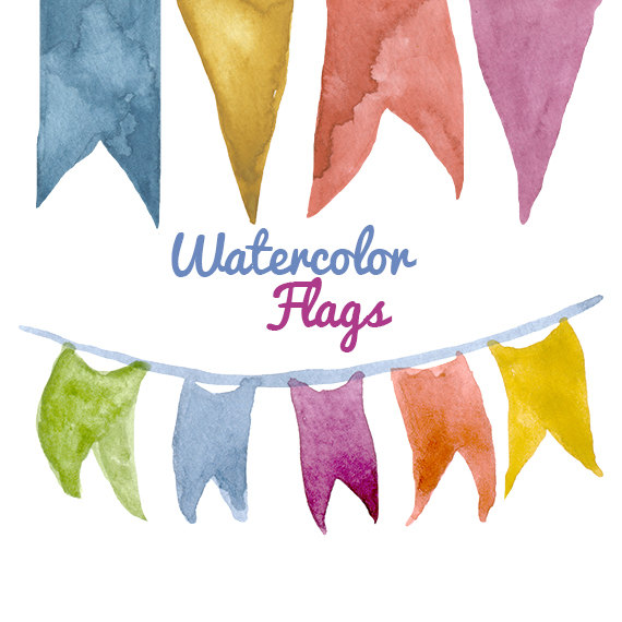 Pennant clipart invitation. Watercolor flags pennants birthday