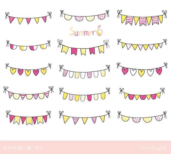 Cute doodle bunting yellow. Pennant clipart summer