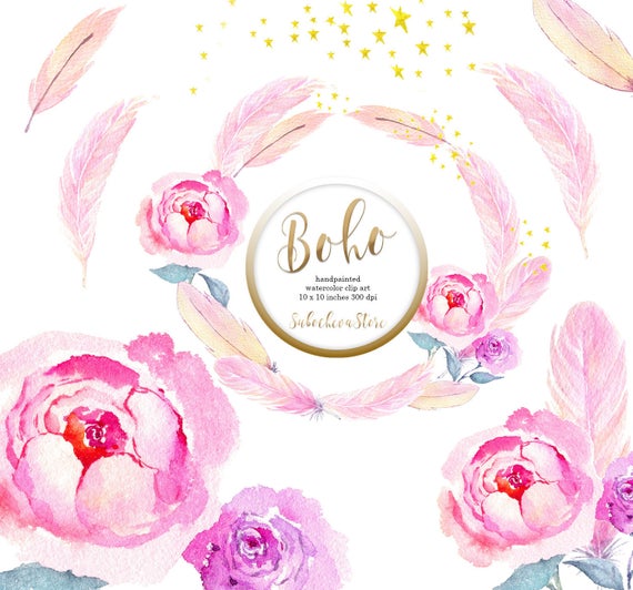 Boho watercolor feathers pink. Peonies clipart printable