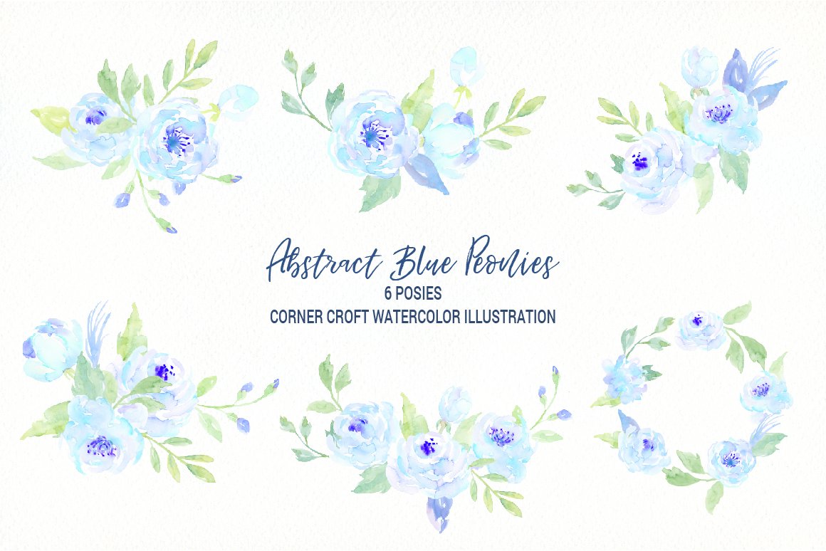 Blue peony floral posy. Peonies clipart watercolor abstract
