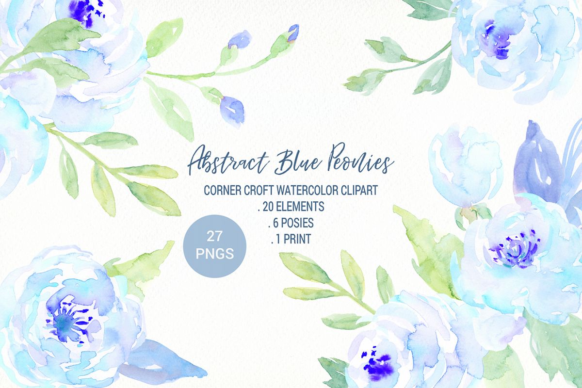 Blue peony clip art. Peonies clipart watercolor abstract