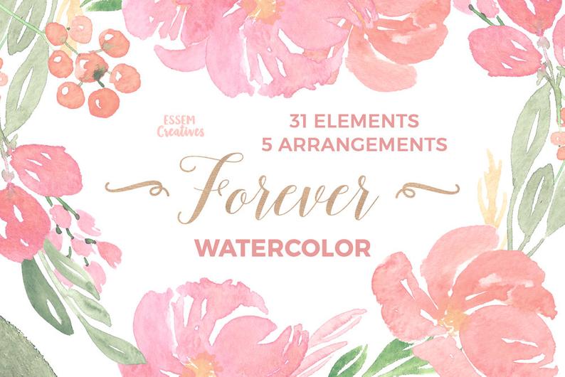 Peony clipart modern floral. Pink watercolor flowers summer