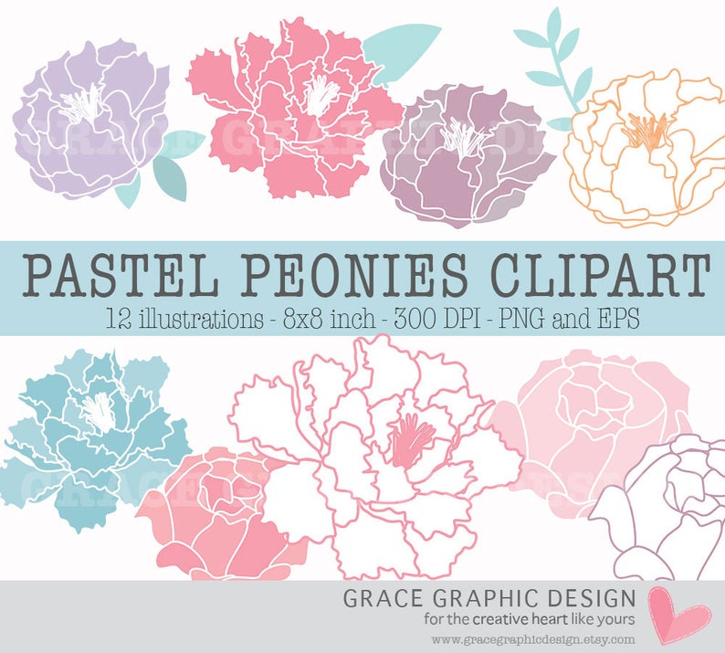 Flower peonie digital download. Peony clipart pastel