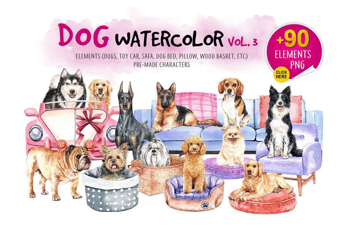 Dog watercolor clip art. Pet clipart 3 animal