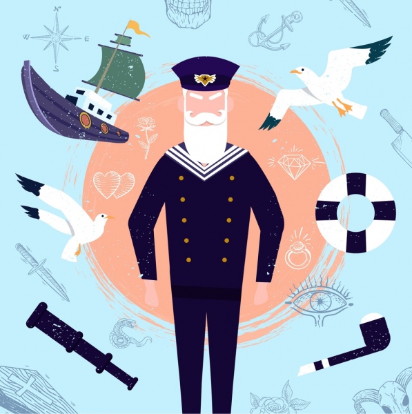 Design elements ship seabirds. Pilot clipart sailor