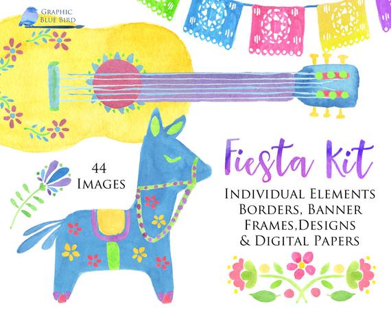Pinata clipart banner mexican. Fiesta clip art kit
