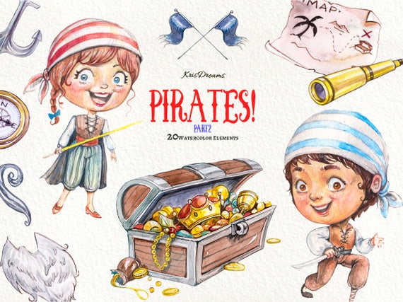 Pirates watercolor parrot treasure. Pirate clipart binoculars