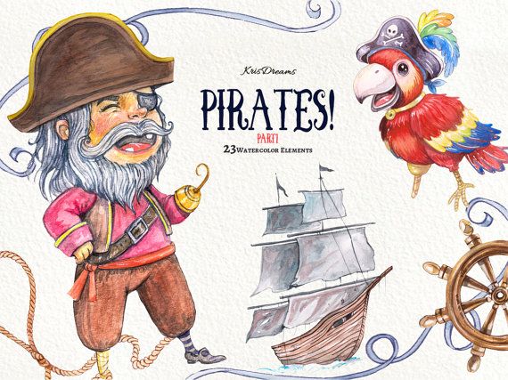 Pirate clipart watercolor. Pirates parrot captain by