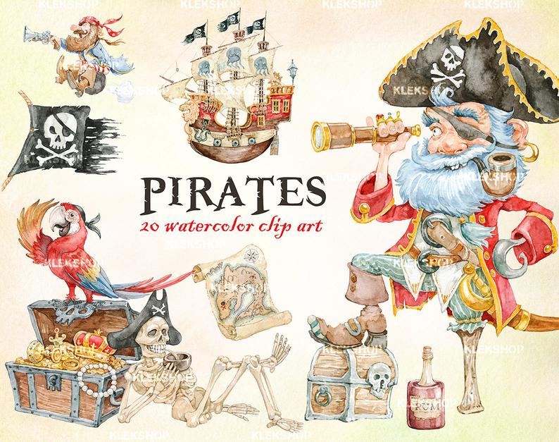 Pirates clipart watercolor. Clip art cute pirate