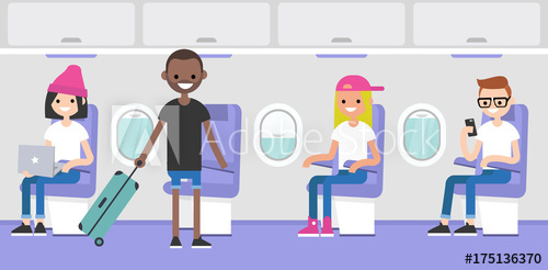 Airplane passengers boarding on. Plane clipart interior