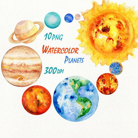Solar system watercolor science. Planets clipart painting