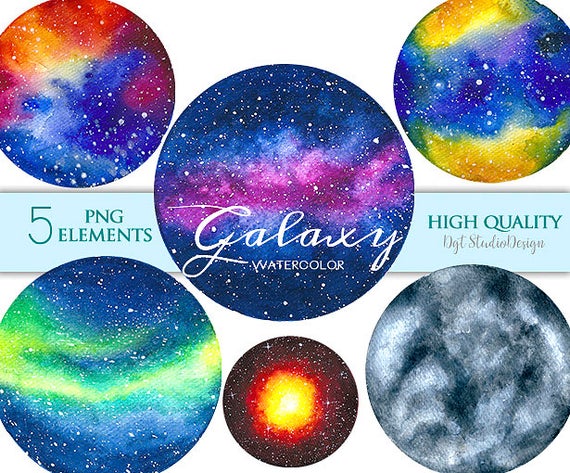 Planets clipart print. Watercolor galaxy space nebula