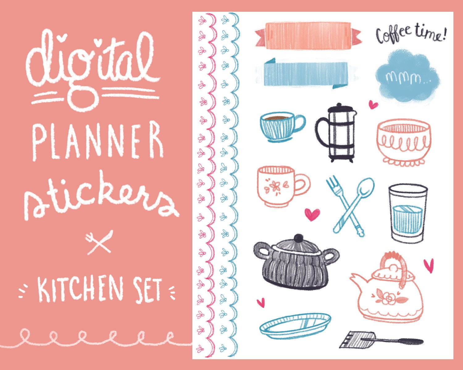 Planner clipart diary entry. Kitchenware digital sticker set