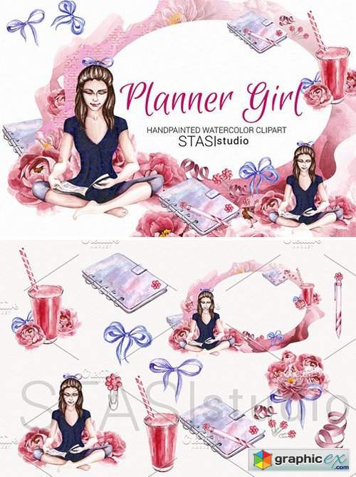 Girl watercolor free download. Planner clipart vector