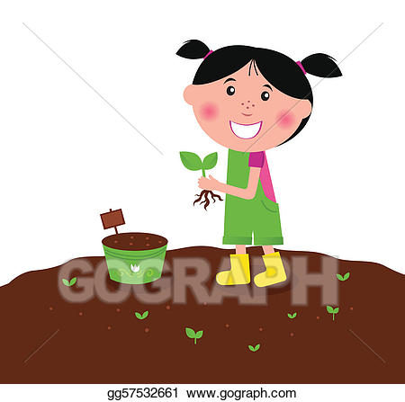 Vector illustration happy kid. Planting clipart little plant