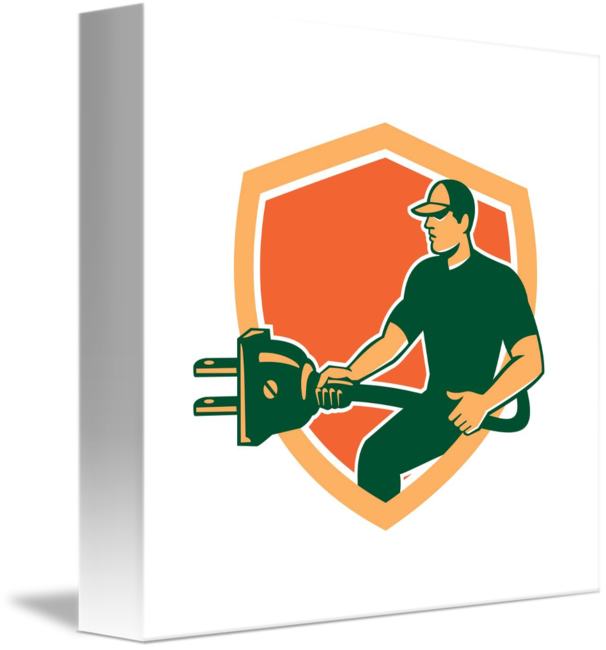 Plug clipart electrician. Carrying electric shield retro