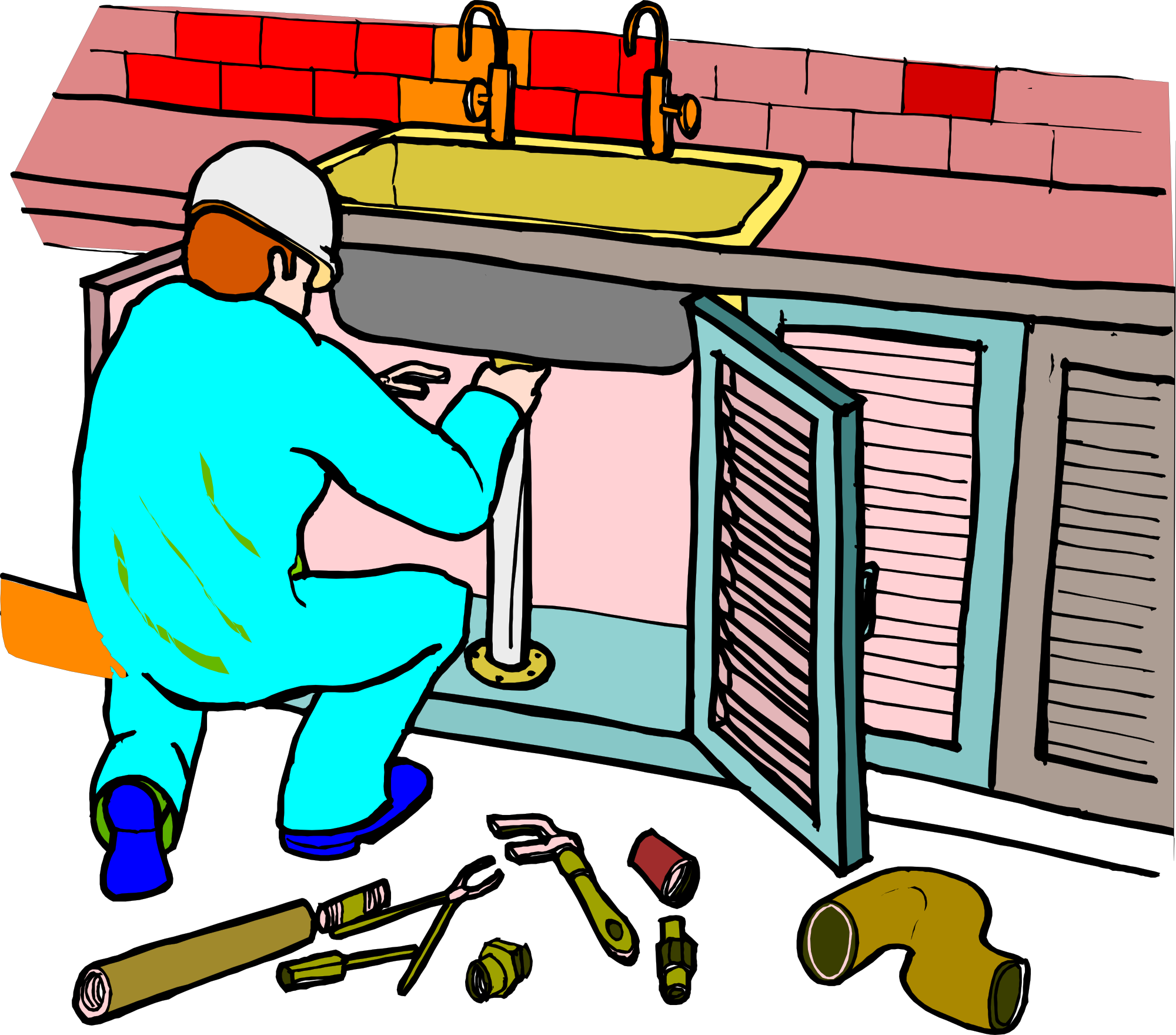 Plumber clipart construction. Fixing kitchen sink picture