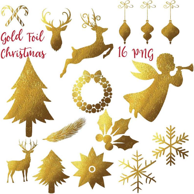 Foil christmas deer silhouette. Poinsettia clipart gold