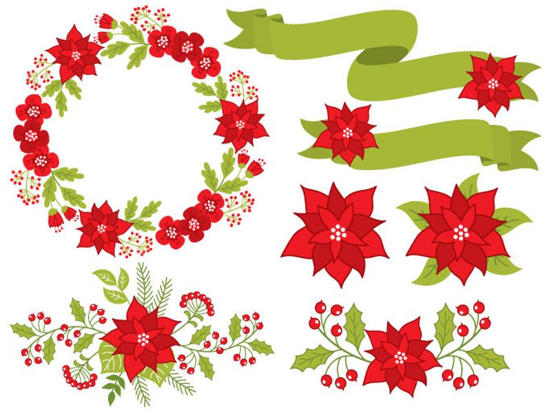 Poinsettia clipart vector. Digital christmas wreath clip