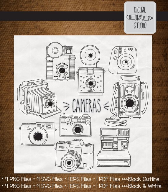  vintage cameras clip. Polaroid clipart drawn