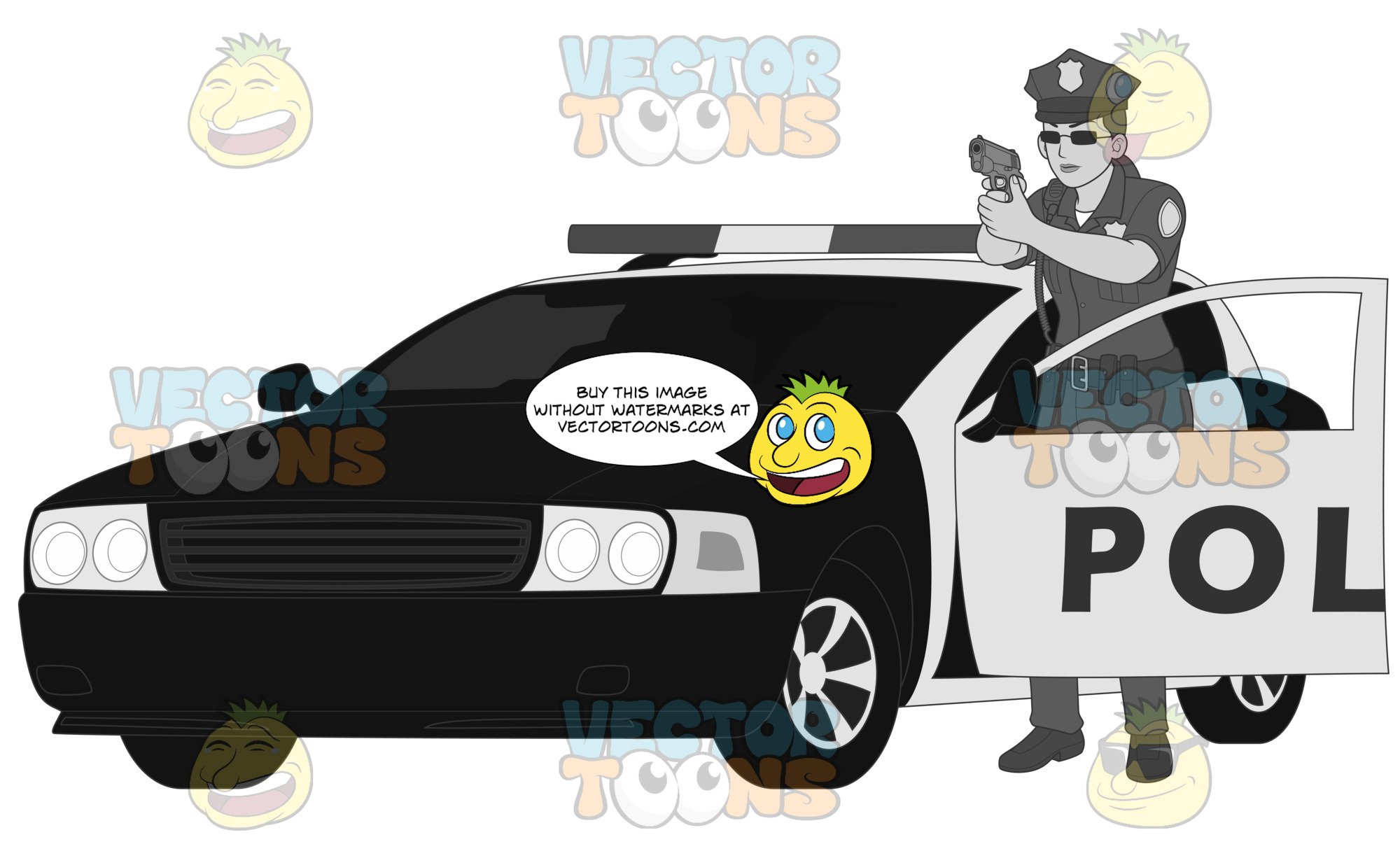 Female cop in shooting. Policeman clipart police car