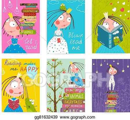 Princess clipart reading. Eps vector cute little