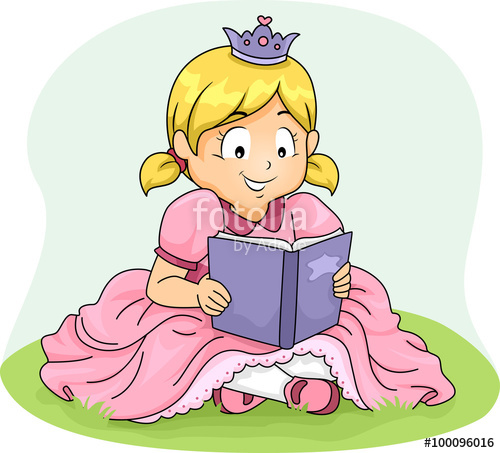 Kid girl read book. Princess clipart reading