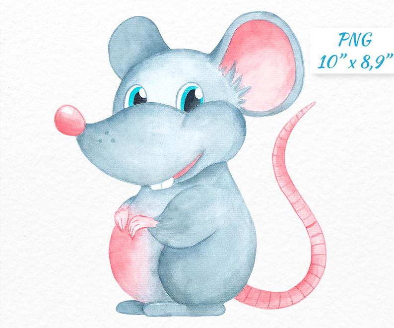 Watercolor digital graphics mouse. Rat clipart grey rat