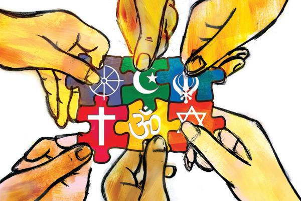 Diverse hands holding puzzle pieces with various religious symbols