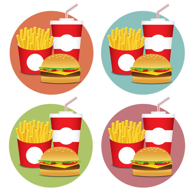 Fesat food icons set. Retro clipart burger