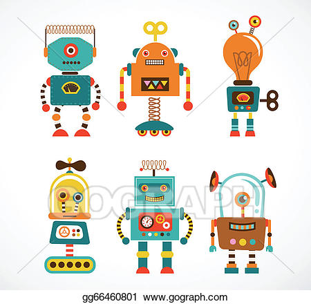 Vector art set of. Robot clipart vintage