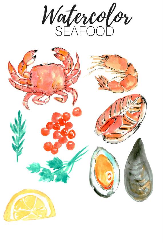 Seafood clipart nautical. Watercolor clip art food